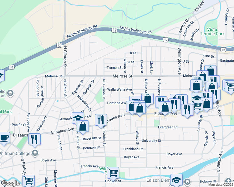 map of restaurants, bars, coffee shops, grocery stores, and more near 421 North Bellevue Avenue in Walla Walla