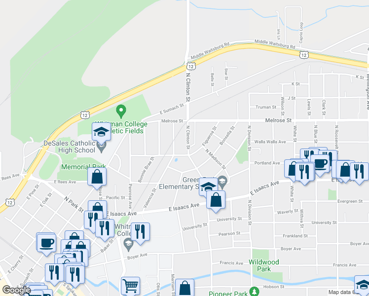 map of restaurants, bars, coffee shops, grocery stores, and more near 1009 North Clinton Street in Walla Walla