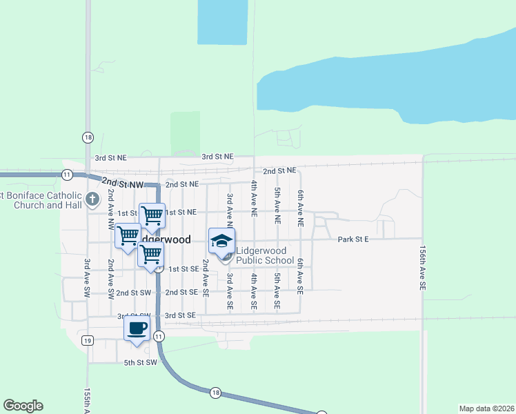 map of restaurants, bars, coffee shops, grocery stores, and more near 101 4th Avenue Northeast in Lidgerwood