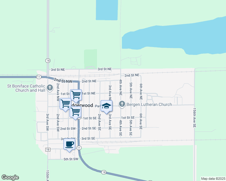 map of restaurants, bars, coffee shops, grocery stores, and more near 101 3rd Avenue Northeast in Lidgerwood