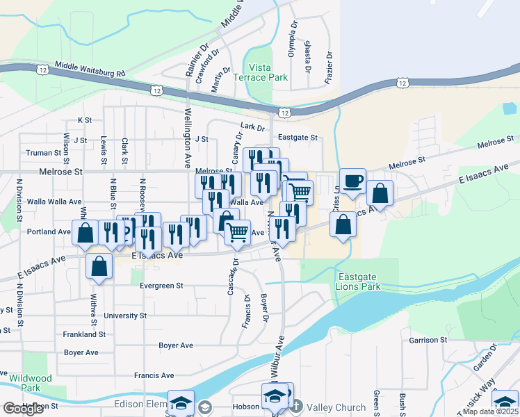 map of restaurants, bars, coffee shops, grocery stores, and more near 497 North Wilbur Avenue in Walla Walla