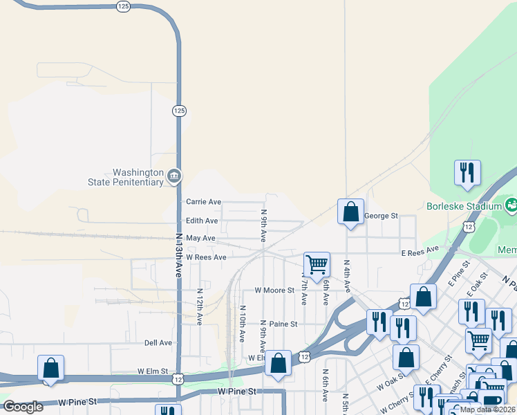 map of restaurants, bars, coffee shops, grocery stores, and more near 1211 North 9th Avenue in Walla Walla