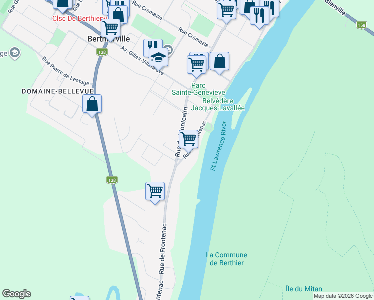 map of restaurants, bars, coffee shops, grocery stores, and more near 1024 Rue de Frontenac in Berthierville