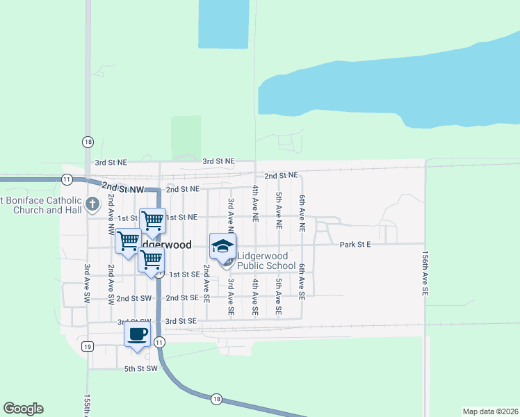 map of restaurants, bars, coffee shops, grocery stores, and more near 101 4th Avenue Northeast in Lidgerwood