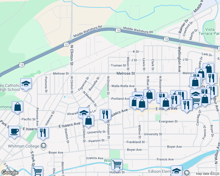 map of restaurants, bars, coffee shops, grocery stores, and more near 1304 Walla Walla Avenue in Walla Walla