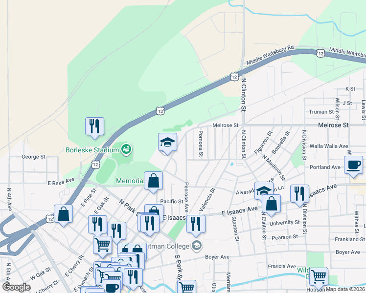 map of restaurants, bars, coffee shops, grocery stores, and more near 950 East Sumach Street in Walla Walla