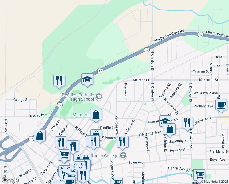 map of restaurants, bars, coffee shops, grocery stores, and more near 1010 Penrose Avenue in Walla Walla
