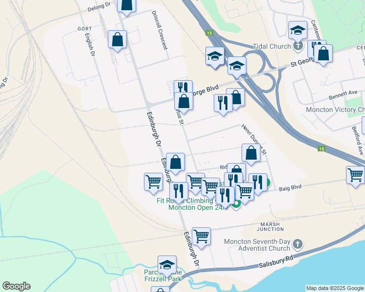 map of restaurants, bars, coffee shops, grocery stores, and more near 100 Loftus Street in Moncton