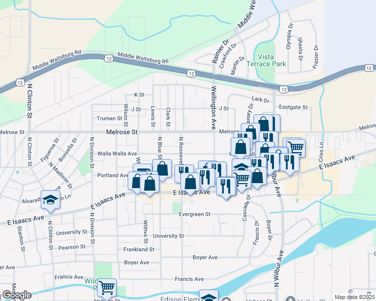 map of restaurants, bars, coffee shops, grocery stores, and more near 424 North Roosevelt Street in Walla Walla