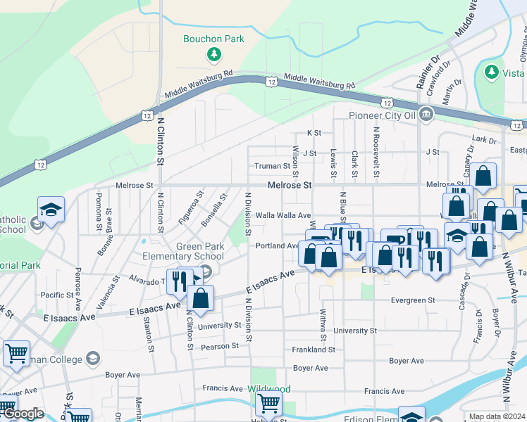 map of restaurants, bars, coffee shops, grocery stores, and more near 421 North Bellevue Avenue in Walla Walla