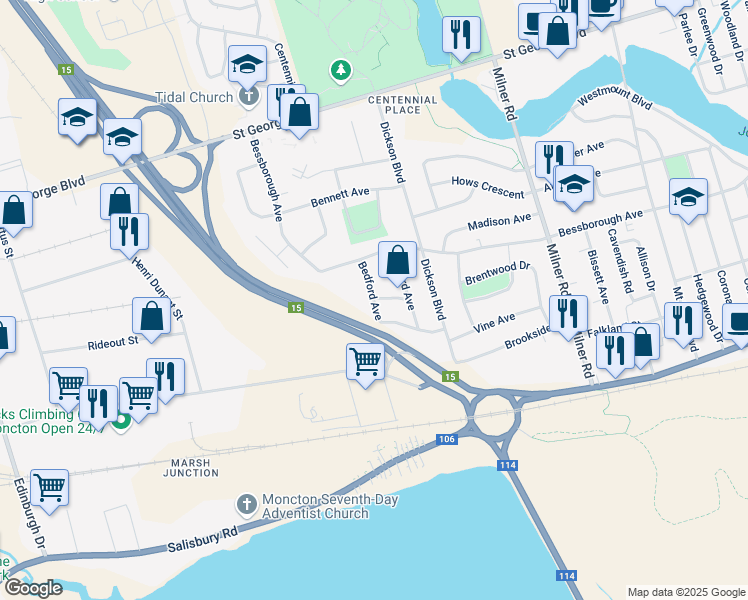 map of restaurants, bars, coffee shops, grocery stores, and more near 42 Bedford Ave in Moncton