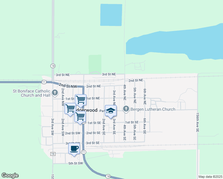 map of restaurants, bars, coffee shops, grocery stores, and more near 101-199 3rd Avenue Northeast in Lidgerwood