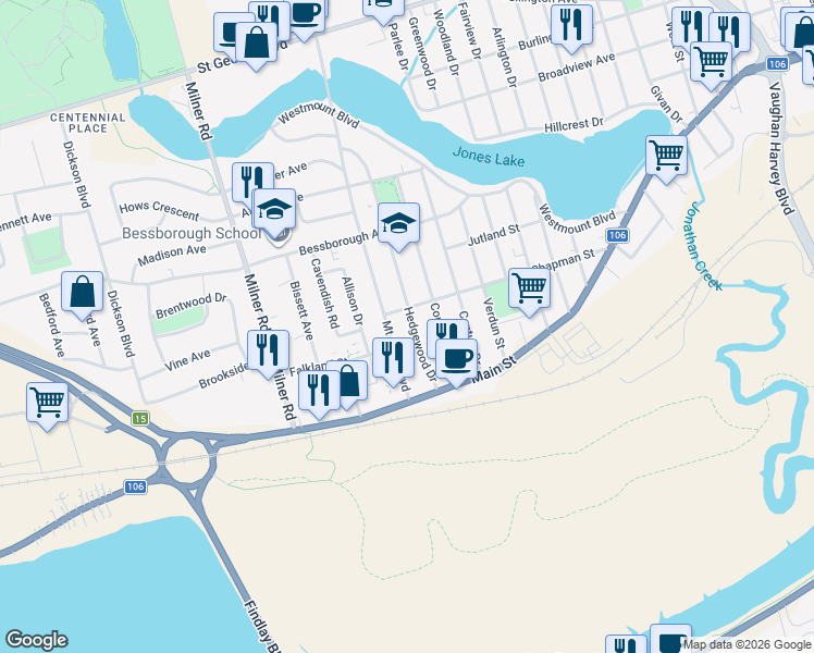 map of restaurants, bars, coffee shops, grocery stores, and more near 50 Hedgewood Drive in Moncton