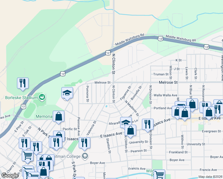 map of restaurants, bars, coffee shops, grocery stores, and more near 1046 Valencia Street in Walla Walla