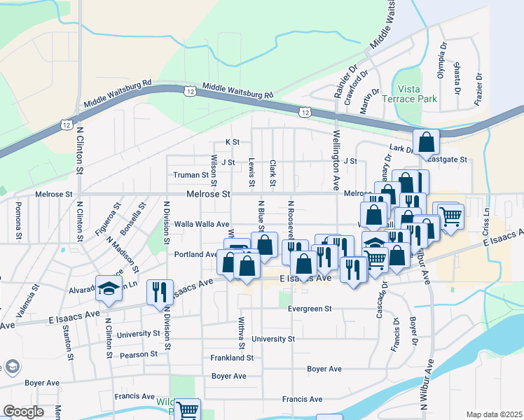 map of restaurants, bars, coffee shops, grocery stores, and more near 1804 Melrose Street in Walla Walla