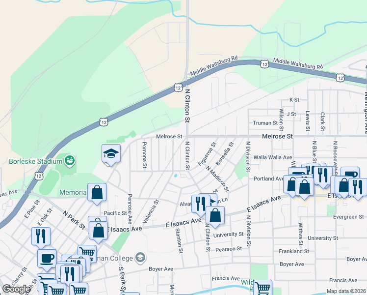 map of restaurants, bars, coffee shops, grocery stores, and more near 1046 Valencia Street in Walla Walla