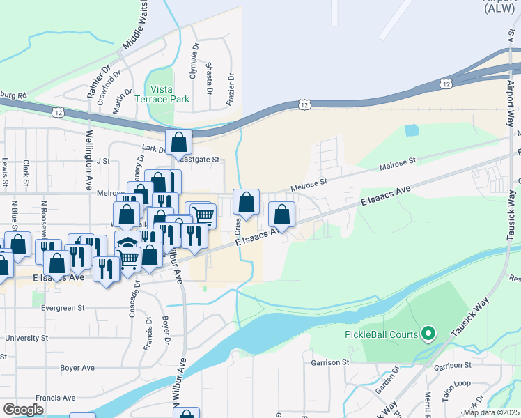 map of restaurants, bars, coffee shops, grocery stores, and more near 2702 Melrose Street in Walla Walla