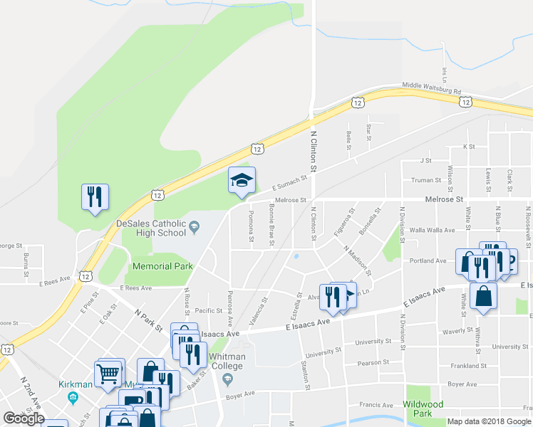 map of restaurants, bars, coffee shops, grocery stores, and more near 1044 Pomona Street in Walla Walla