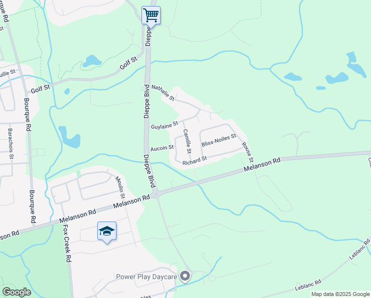 map of restaurants, bars, coffee shops, grocery stores, and more near 28 Camille Street in Dieppe