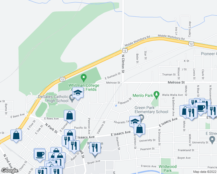 map of restaurants, bars, coffee shops, grocery stores, and more near 1044 Bonnie Brae Street in Walla Walla