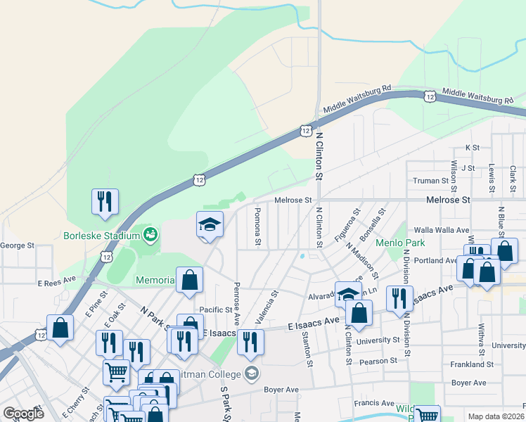map of restaurants, bars, coffee shops, grocery stores, and more near 1044 Pomona Street in Walla Walla