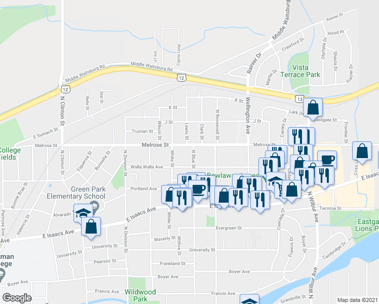 map of restaurants, bars, coffee shops, grocery stores, and more near 519 North Blue Street in Walla Walla