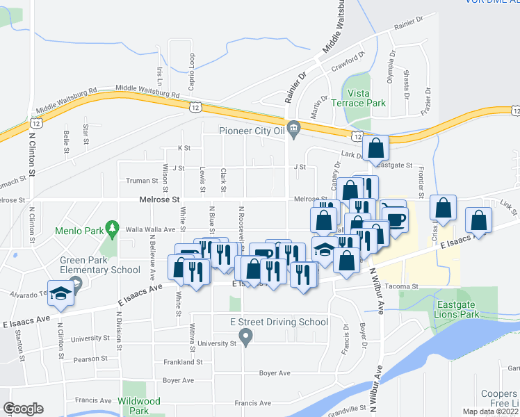 map of restaurants, bars, coffee shops, grocery stores, and more near 1950 Melrose Street in Walla Walla