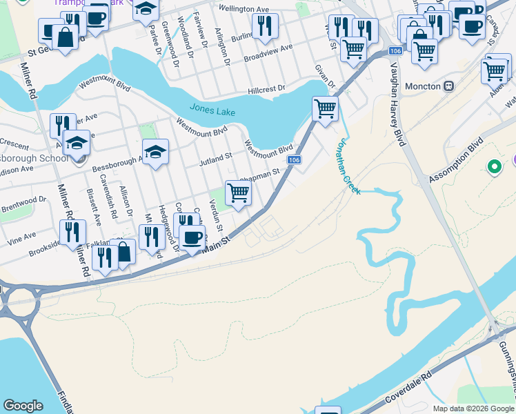 map of restaurants, bars, coffee shops, grocery stores, and more near 17 Penny Lane in Moncton