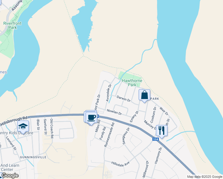 map of restaurants, bars, coffee shops, grocery stores, and more near 61 Avondale Drive in Riverview