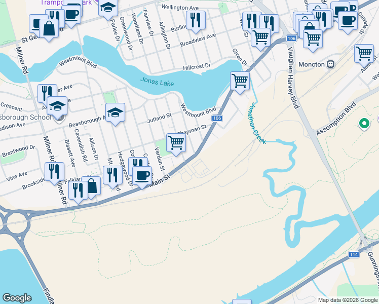 map of restaurants, bars, coffee shops, grocery stores, and more near 1751 Main Street in Moncton