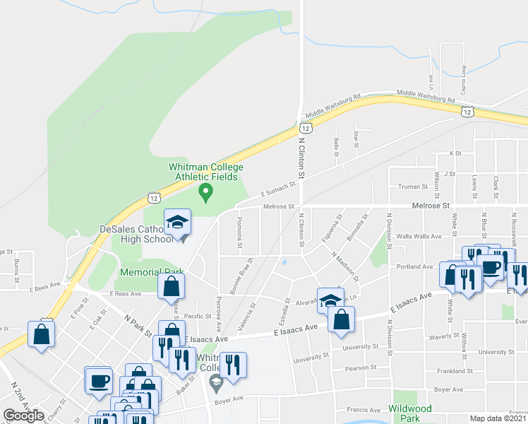 map of restaurants, bars, coffee shops, grocery stores, and more near 1044 Bonnie Brae Street in Walla Walla