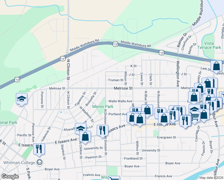 map of restaurants, bars, coffee shops, grocery stores, and more near 1544 Melrose Street in Walla Walla