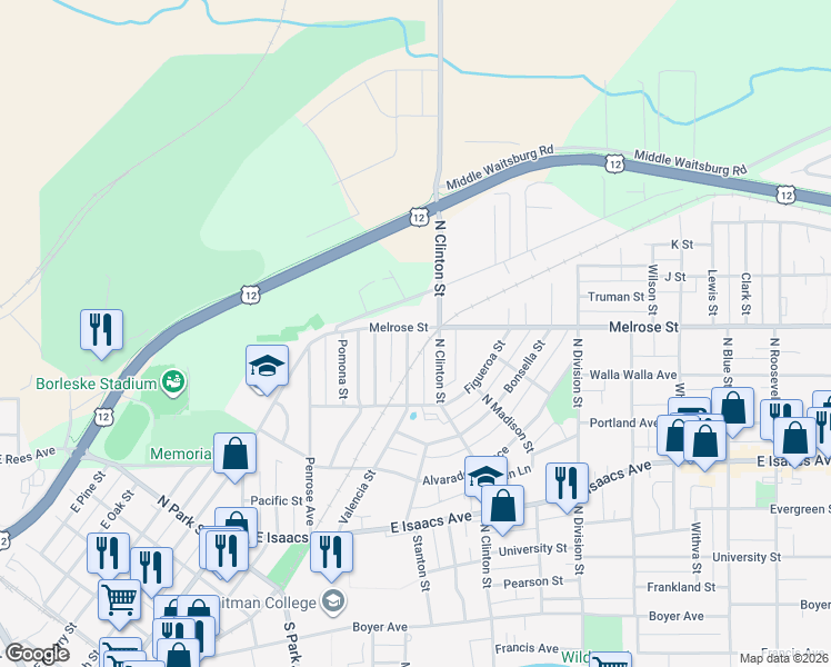 map of restaurants, bars, coffee shops, grocery stores, and more near 1046 Valencia Street in Walla Walla