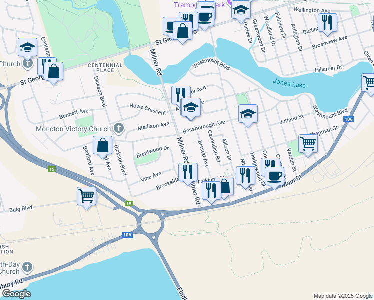 map of restaurants, bars, coffee shops, grocery stores, and more near 95 Milner Road in Moncton