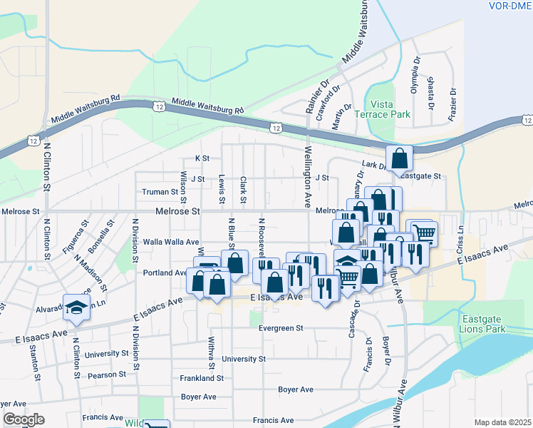 map of restaurants, bars, coffee shops, grocery stores, and more near 608 North Roosevelt Street in Walla Walla