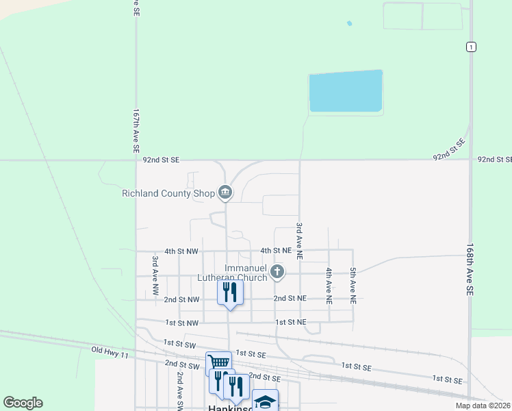 map of restaurants, bars, coffee shops, grocery stores, and more near 610 Main Avenue North in Hankinson