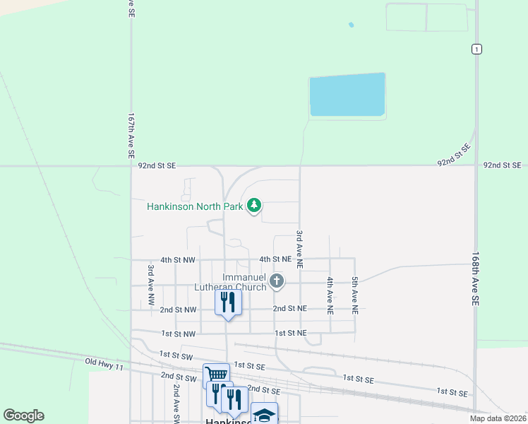 map of restaurants, bars, coffee shops, grocery stores, and more near 610 Main Avenue North in Hankinson