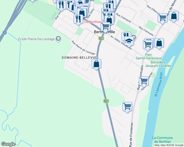 map of restaurants, bars, coffee shops, grocery stores, and more near 571 Rue du Domaine Bellevue in Berthierville