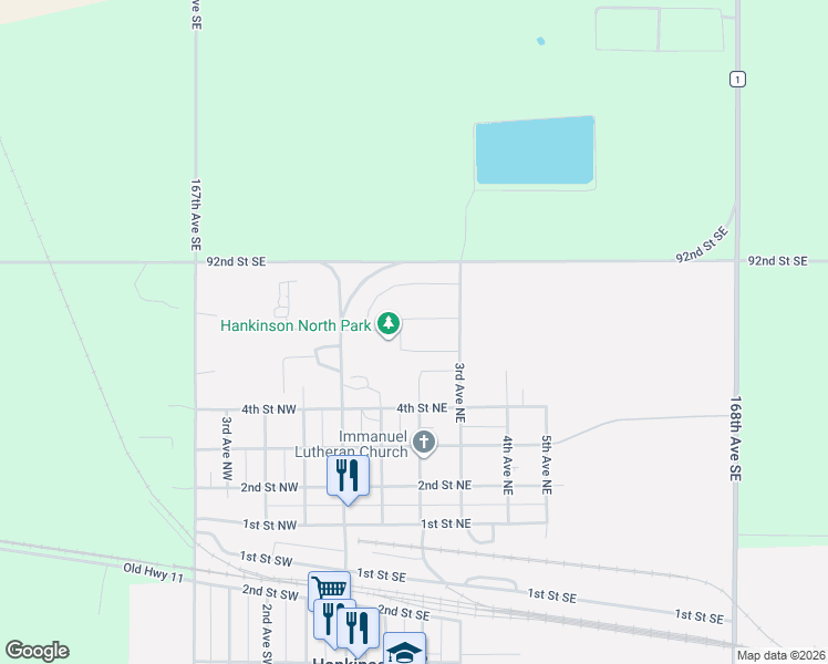 map of restaurants, bars, coffee shops, grocery stores, and more near 610 Main Avenue North in Hankinson