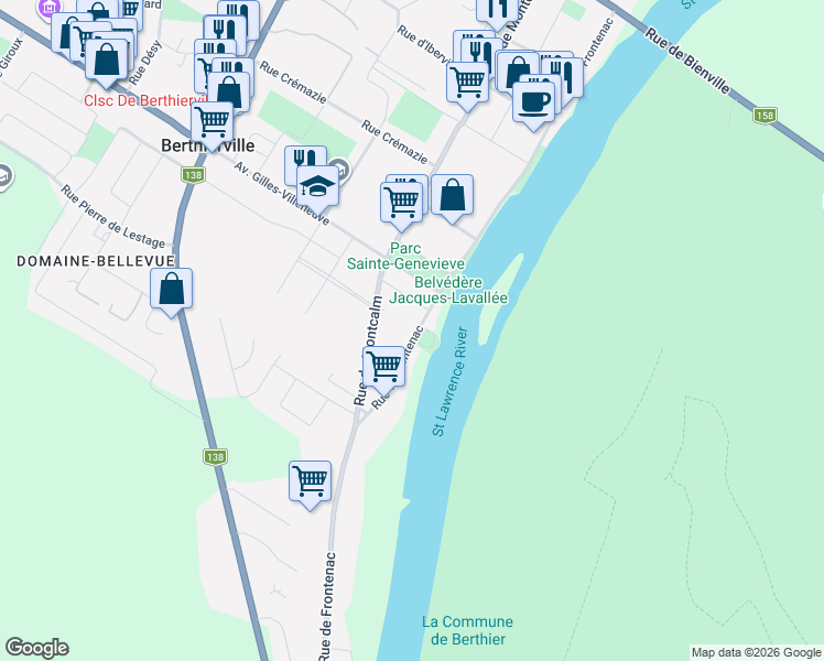 map of restaurants, bars, coffee shops, grocery stores, and more near 860 Rue de Frontenac in Berthierville