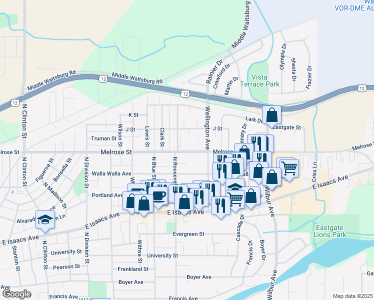 map of restaurants, bars, coffee shops, grocery stores, and more near 1950 Melrose Street in Walla Walla