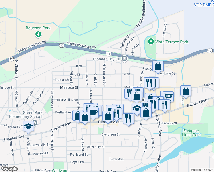 map of restaurants, bars, coffee shops, grocery stores, and more near 1907 Melrose Street in Walla Walla
