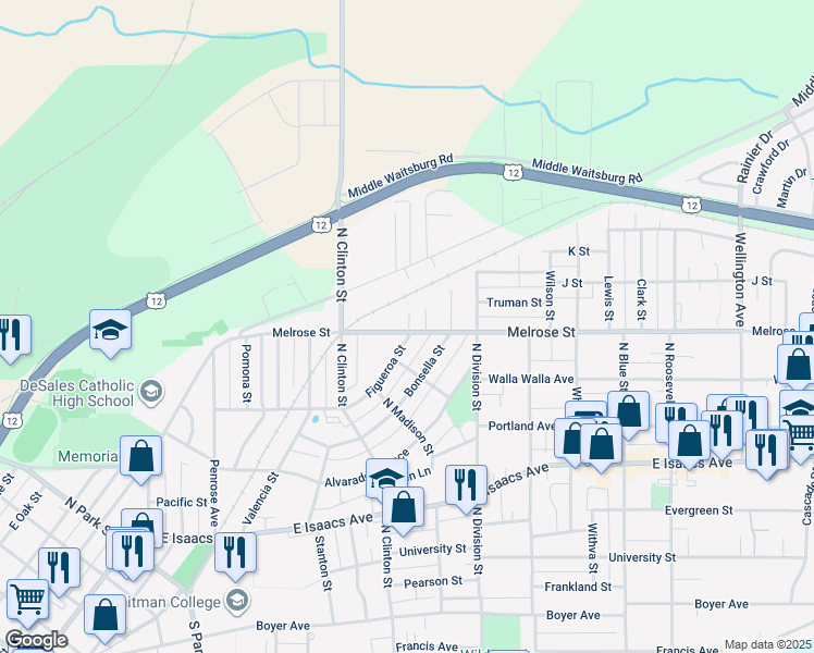 map of restaurants, bars, coffee shops, grocery stores, and more near 1265 Melrose Street in Walla Walla