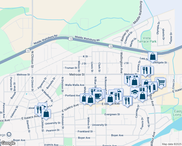 map of restaurants, bars, coffee shops, grocery stores, and more near 603 Lewis Street in Walla Walla