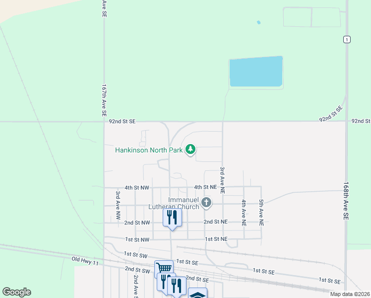 map of restaurants, bars, coffee shops, grocery stores, and more near 610 Main Avenue North in Hankinson