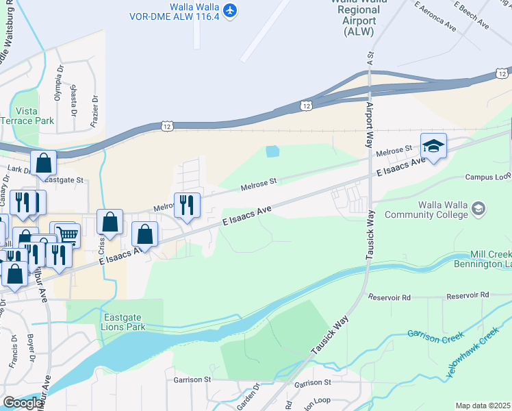 map of restaurants, bars, coffee shops, grocery stores, and more near 2719 East Isaacs Avenue in Walla Walla
