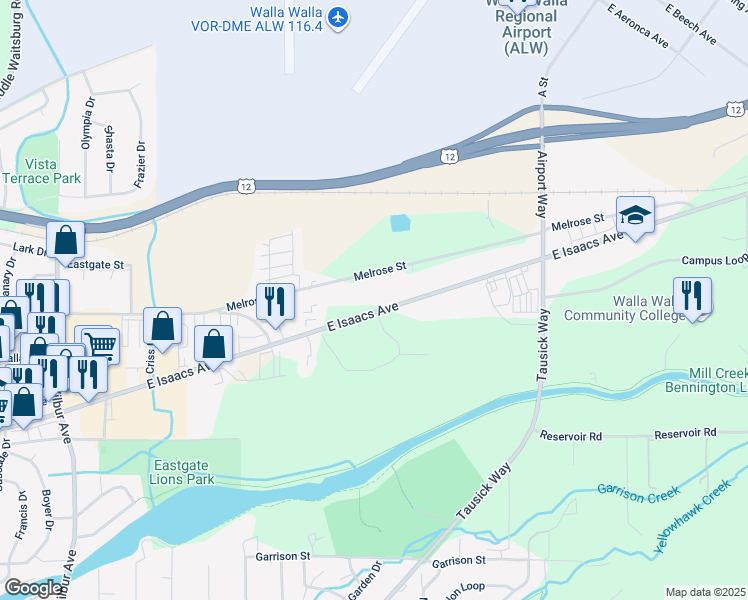 map of restaurants, bars, coffee shops, grocery stores, and more near 2719 East Isaacs Avenue in Walla Walla