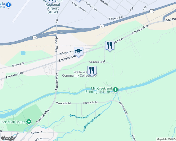 map of restaurants, bars, coffee shops, grocery stores, and more near 500 North Tausick Way in Walla Walla