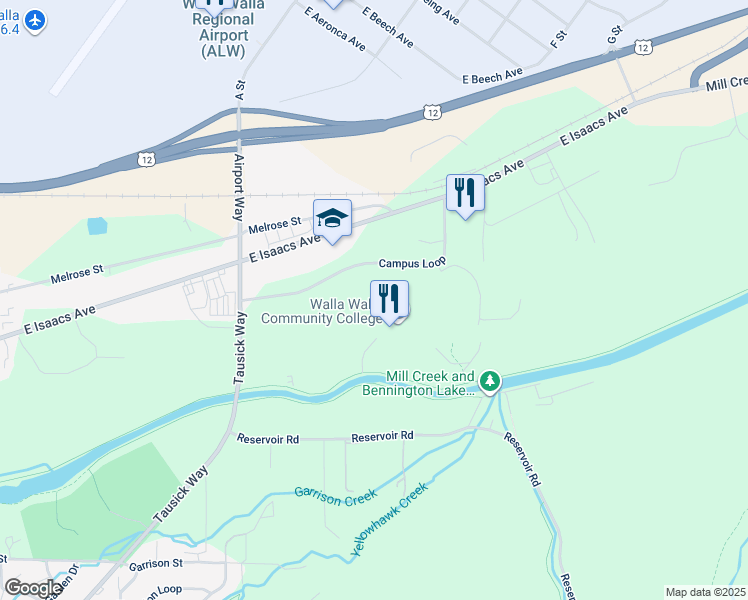 map of restaurants, bars, coffee shops, grocery stores, and more near 500 North Tausick Way in Walla Walla