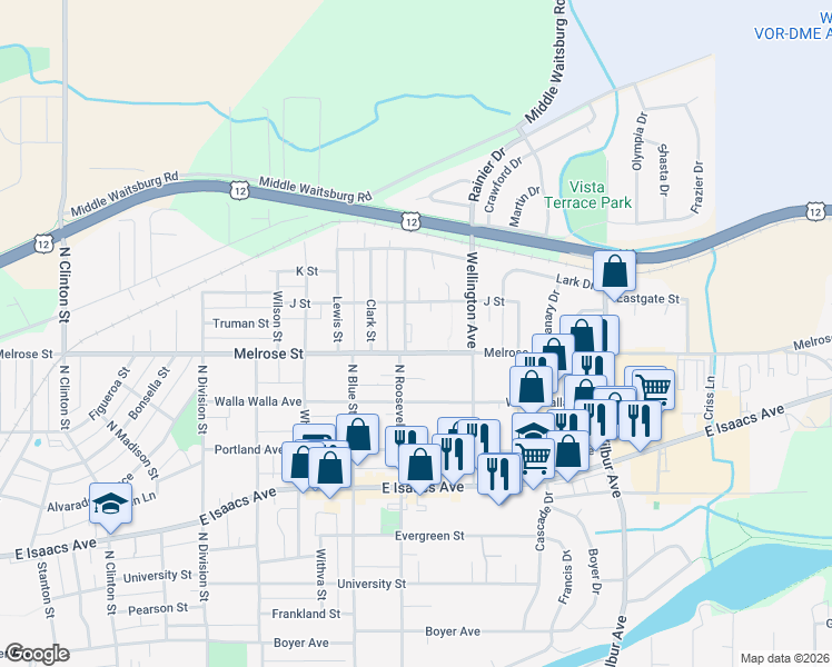 map of restaurants, bars, coffee shops, grocery stores, and more near 1901 Melrose Street in Walla Walla